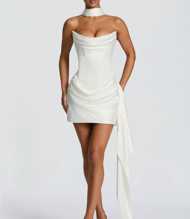 Women's Ivory Satin Cowl Neck Strapless Homecoming Dress