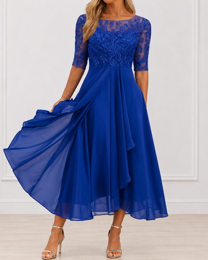 Women's Lace Bodice A-Line Wedding Guest Midi Dress