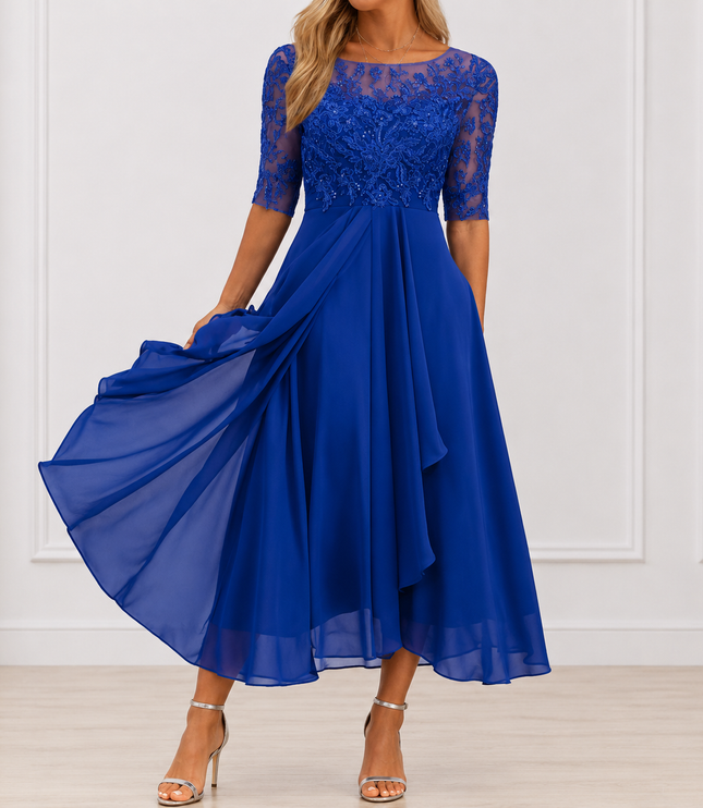 Women's Lace Bodice A-Line Wedding Guest Midi Dress