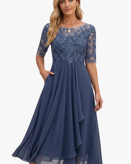Women's Lace Bodice A-Line Wedding Guest Midi Dress