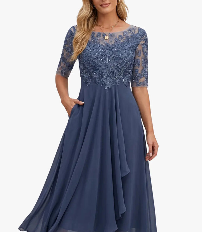 Women's Lace Bodice A-Line Wedding Guest Midi Dress