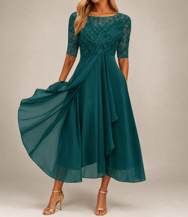 Women's Lace Bodice A-Line Wedding Guest Midi Dress
