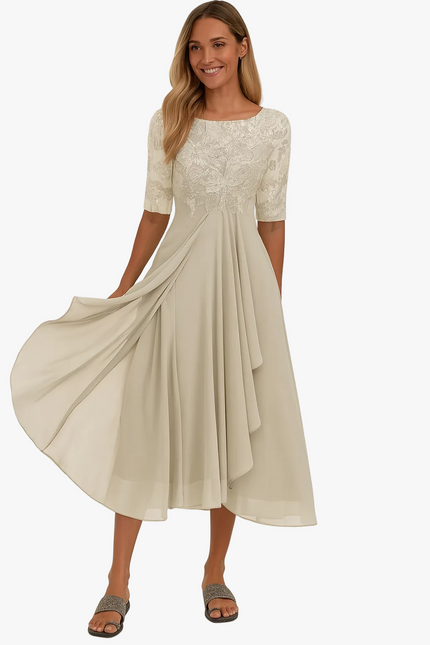 Women's Lace Bodice A-Line Wedding Guest Midi Dress