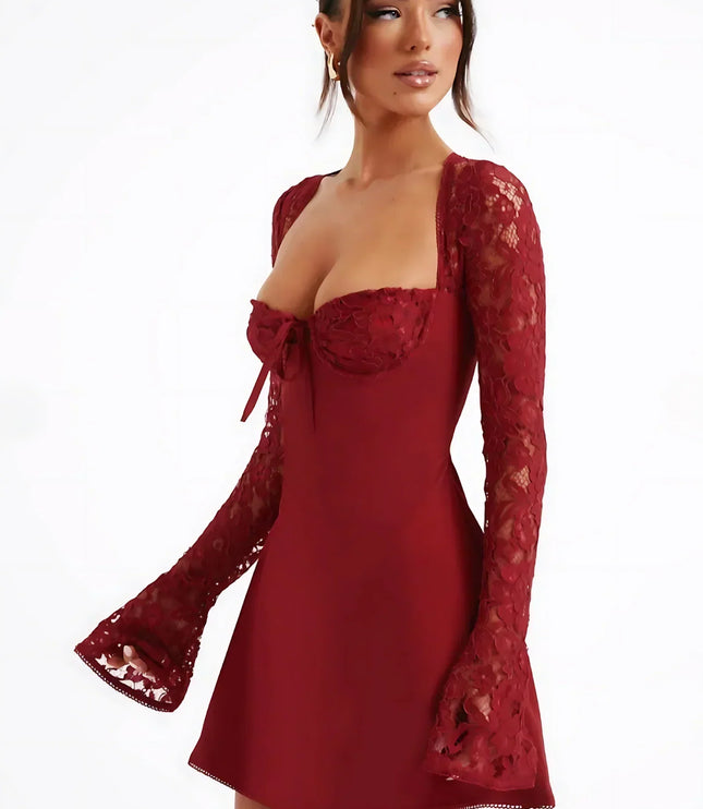 Women's Lace Long Sleeve Wedding Guest Mini Dress