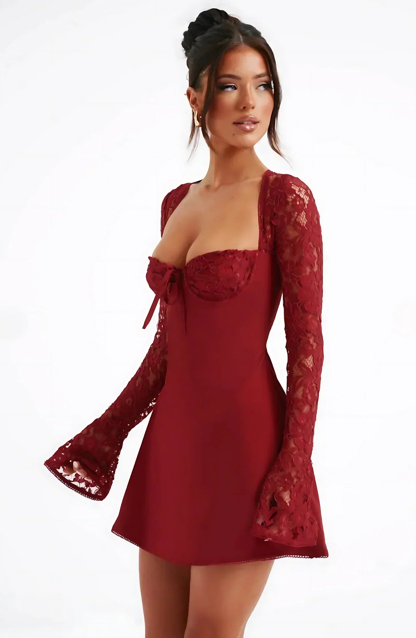 Women's Lace Long Sleeve Wedding Guest Mini Dress