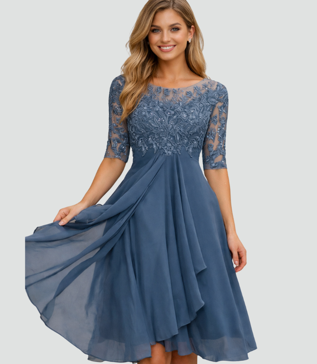 Women's Lace-Top Midi Dress with a Flared Chiffon Skirt
