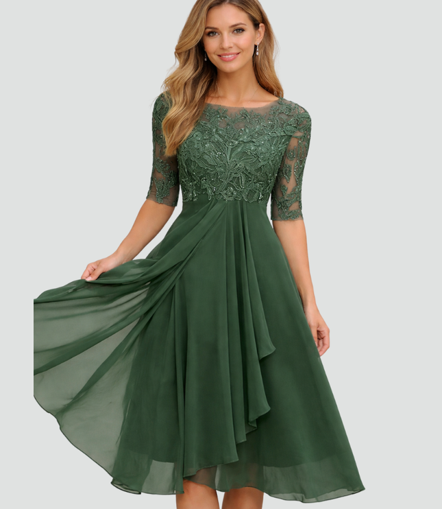 Women's Lace-Top Midi Dress with a Flared Chiffon Skirt