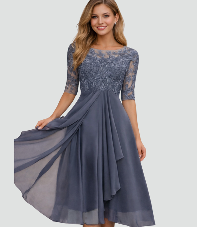 Women's Lace-Top Midi Dress with a Flared Chiffon Skirt