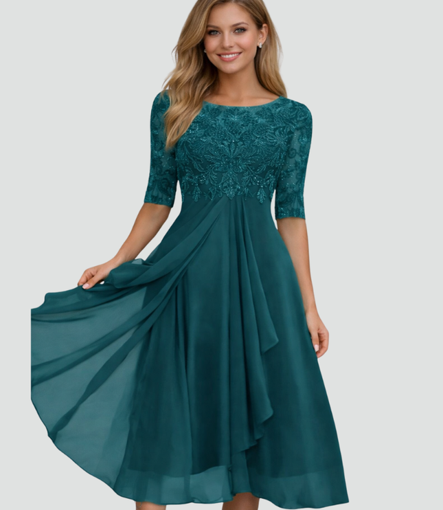 Women's Lace-Top Midi Dress with a Flared Chiffon Skirt