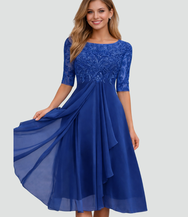 Women's Lace-Top Midi Dress with a Flared Chiffon Skirt