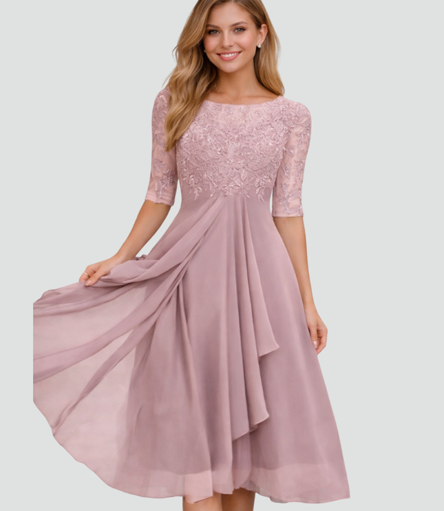 Women's Lace-Top Midi Dress with a Flared Chiffon Skirt