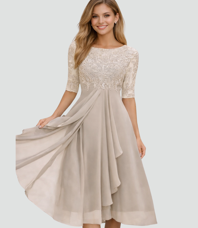 Women's Lace-Top Midi Dress with a Flared Chiffon Skirt