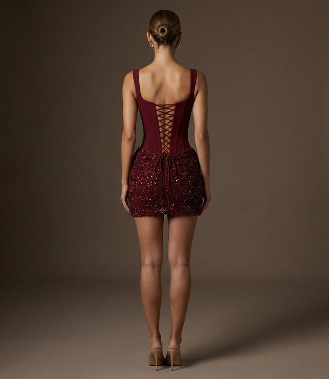 Women's Lace-Up Back Mini Dress in Burgundy Sequin