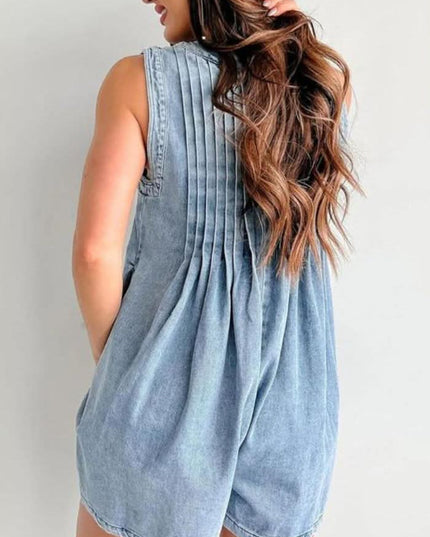 Back view of light blue mini denim romper with pleated yoke, sleeveless design, and loose fit