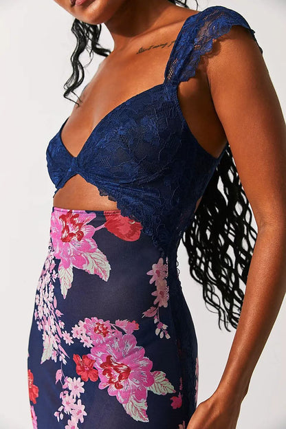 Navy floral cutout midi dress with lace trim and fitted wedding guest style bodice