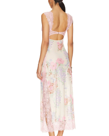 Back view of floral cutout midi dress with pink lace straps and open-back detail