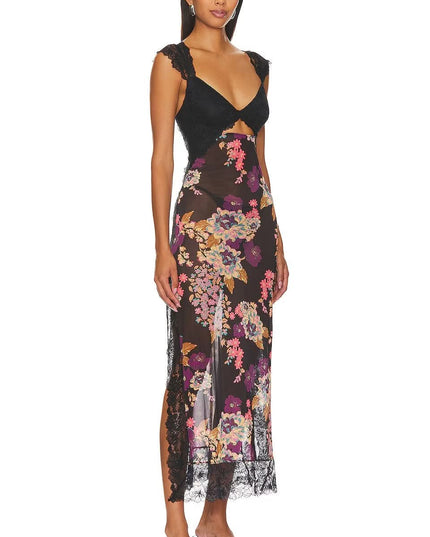 Front view of black floral midi dress with deep V neckline, cutout waist, and lace shoulder detail