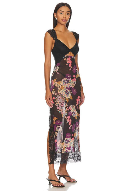 Front view of black floral midi dress with deep V neckline, cutout waist, and lace shoulder detail