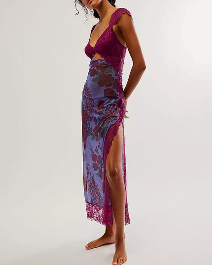 Purple floral cutout midi dress with lace bodice, side slit, and sheer skirt for a summer dress look