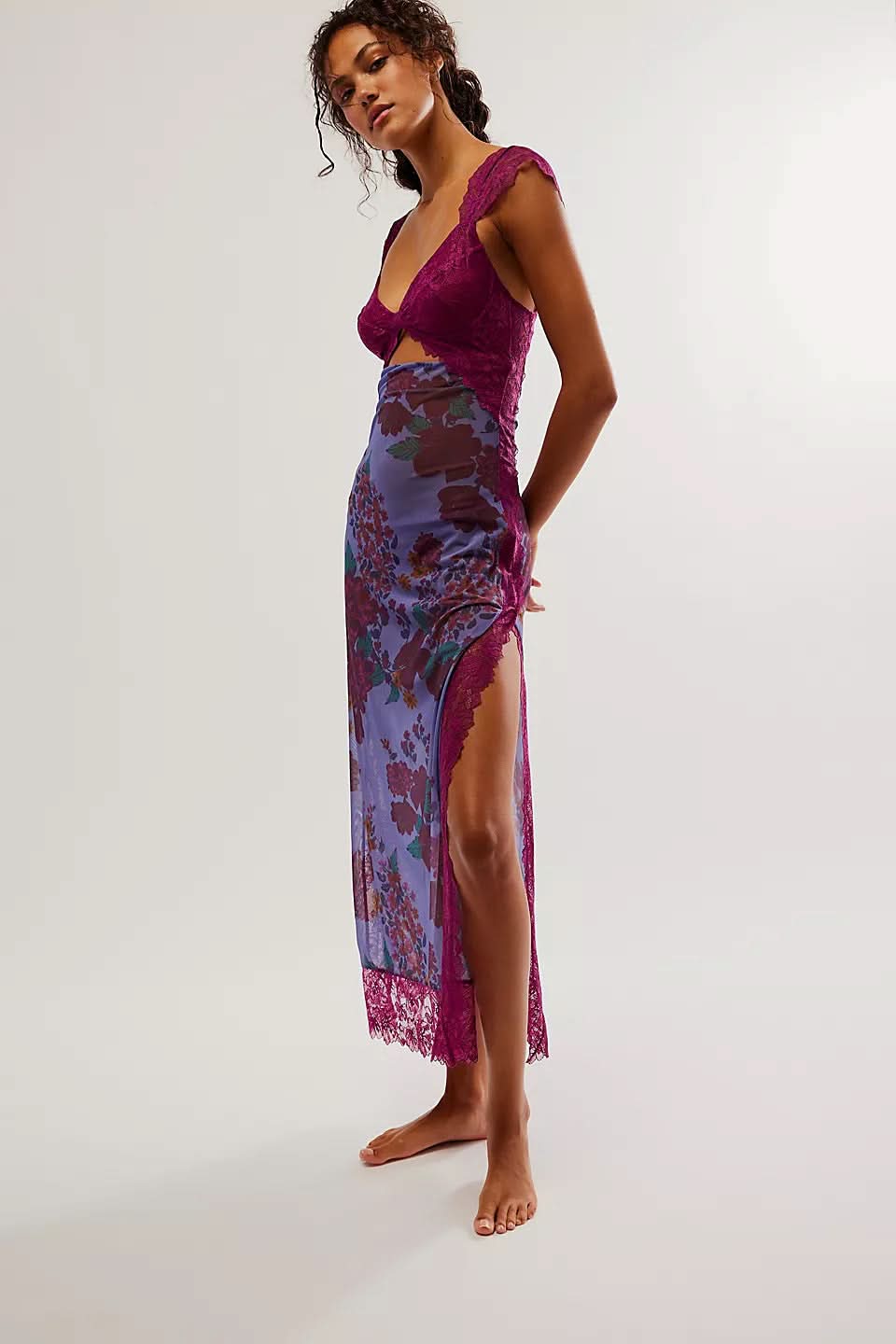 Purple floral cutout midi dress with lace bodice, side slit, and sheer skirt for a summer dress look