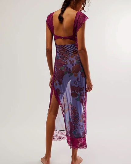 Back view of purple floral cutout midi dress with open back, lace straps, and sheer hem