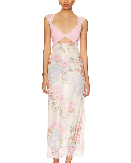 Women's wedding guest floral cutout midi dress with pink lace top and pastel floral skirt