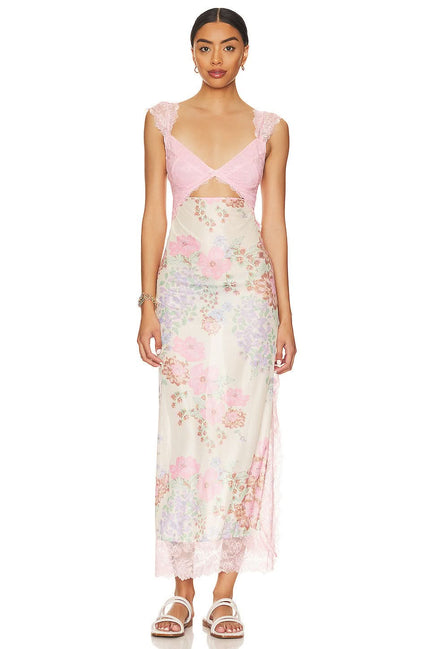 Women's wedding guest floral cutout midi dress with pink lace top and pastel floral skirt