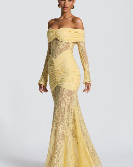 Women's Lemon Ruched Long Sleeve Flare Maxi Dress