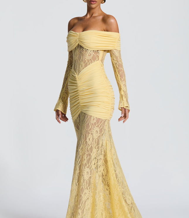 Women's Lemon Ruched Long Sleeve Flare Maxi Dress