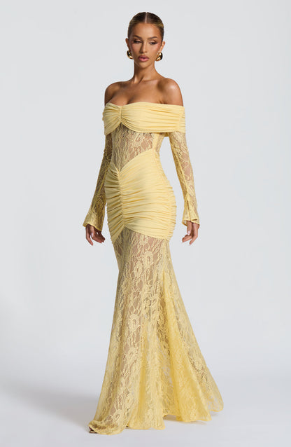 Women's Lemon Ruched Long Sleeve Flare Maxi Dress