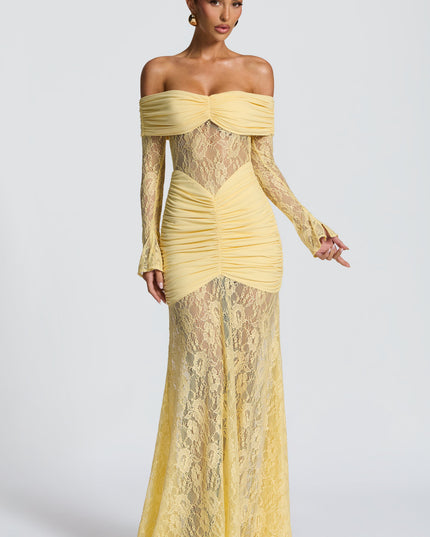 Women's Lemon Ruched Long Sleeve Flare Maxi Dress
