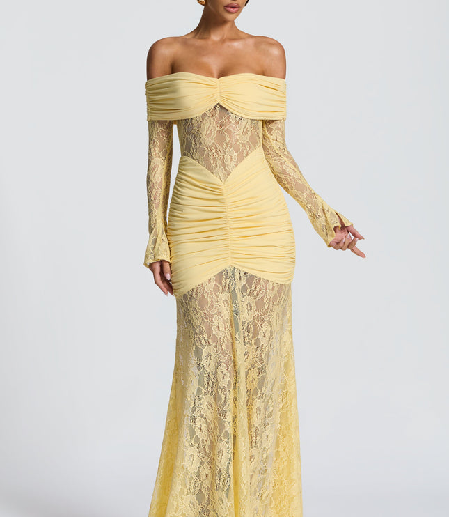 Women's Lemon Ruched Long Sleeve Flare Maxi Dress