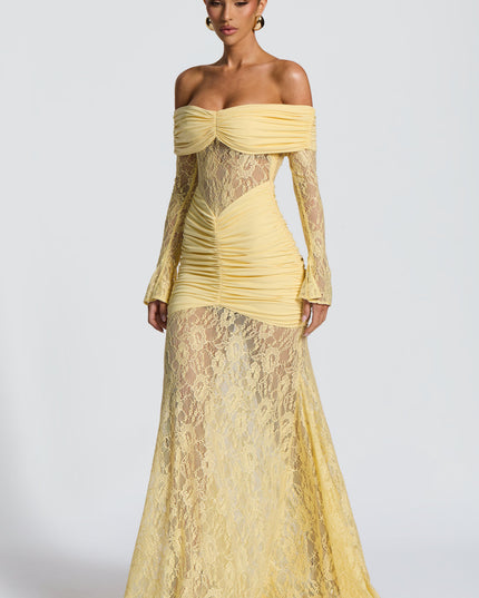 Women's Lemon Ruched Long Sleeve Flare Maxi Dress