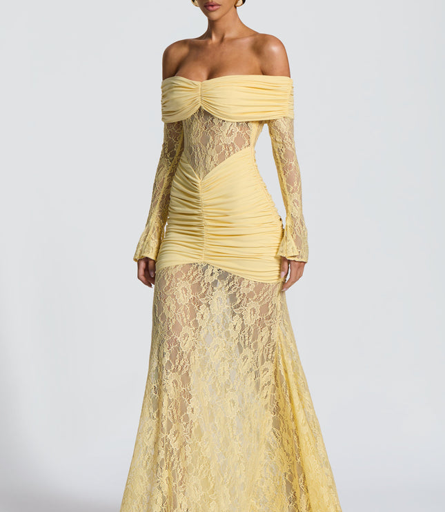 Women's Lemon Ruched Long Sleeve Flare Maxi Dress