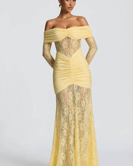 Women's Lemon Ruched Long Sleeve Flare Maxi Dress