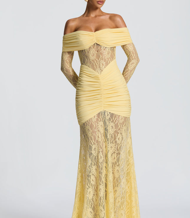 Women's Lemon Ruched Long Sleeve Flare Maxi Dress