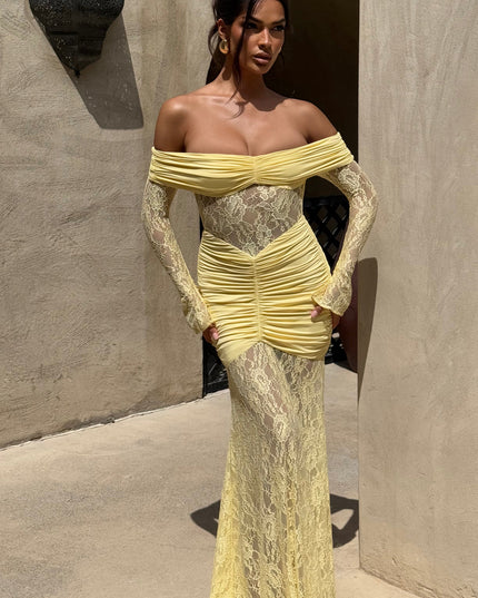 Women's Lemon Ruched Long Sleeve Flare Maxi Dress