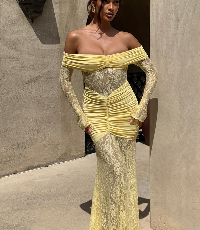 Women's Lemon Ruched Long Sleeve Flare Maxi Dress