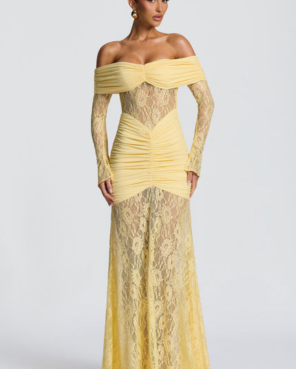 Women's Lemon Ruched Long Sleeve Flare Maxi Dress