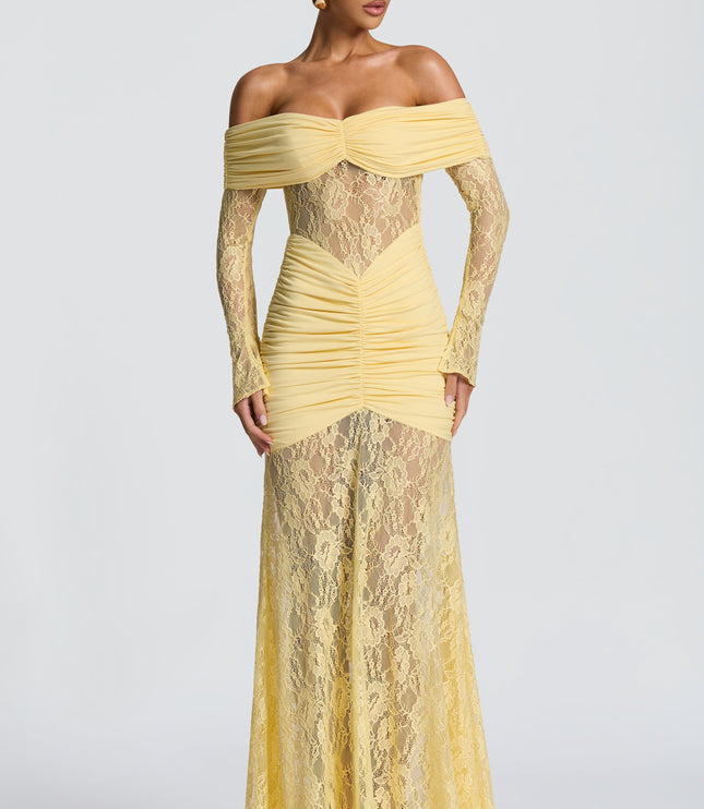 Women's Lemon Ruched Long Sleeve Flare Maxi Dress