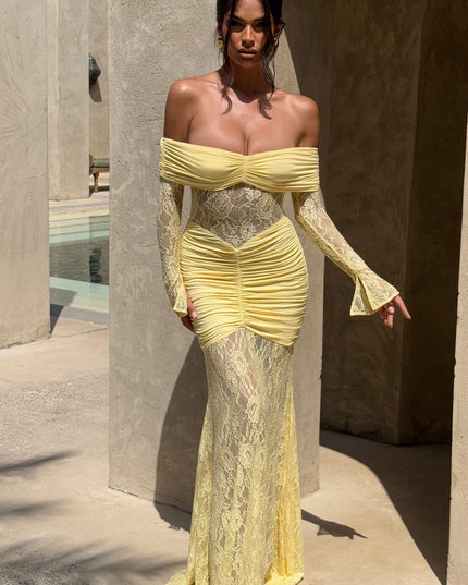 Women's Lemon Ruched Long Sleeve Flare Maxi Dress