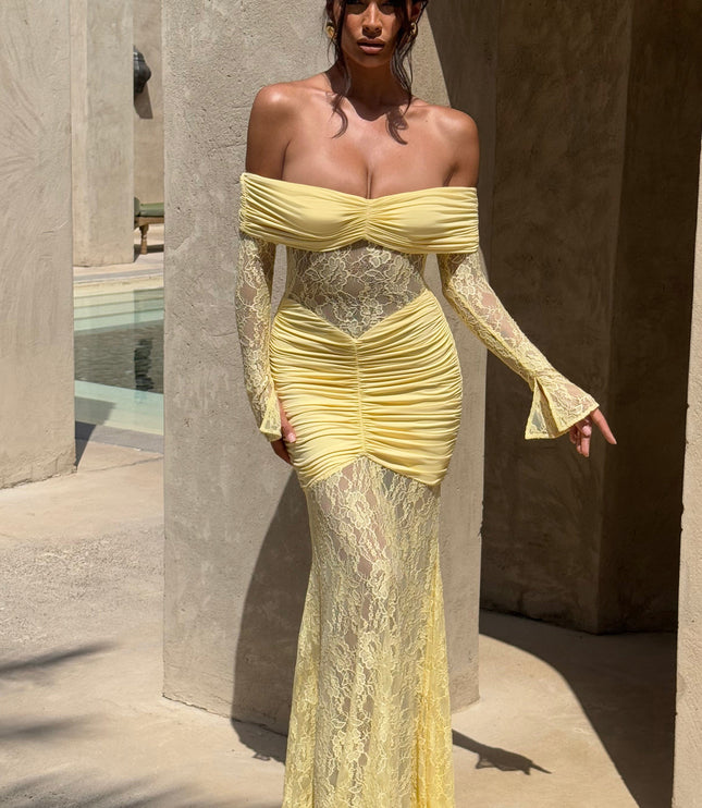 Women's Lemon Ruched Long Sleeve Flare Maxi Dress