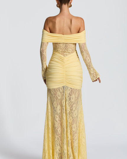 Women's Lemon Ruched Long Sleeve Flare Maxi Dress