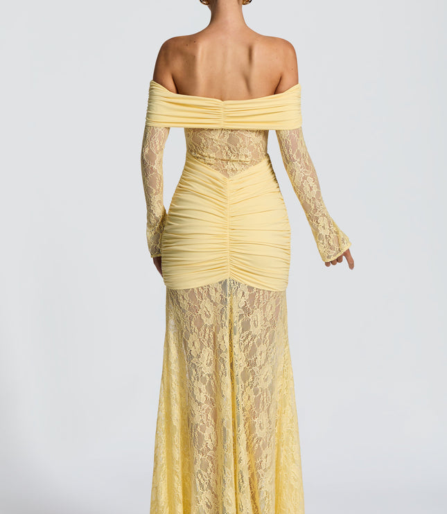 Women's Lemon Ruched Long Sleeve Flare Maxi Dress