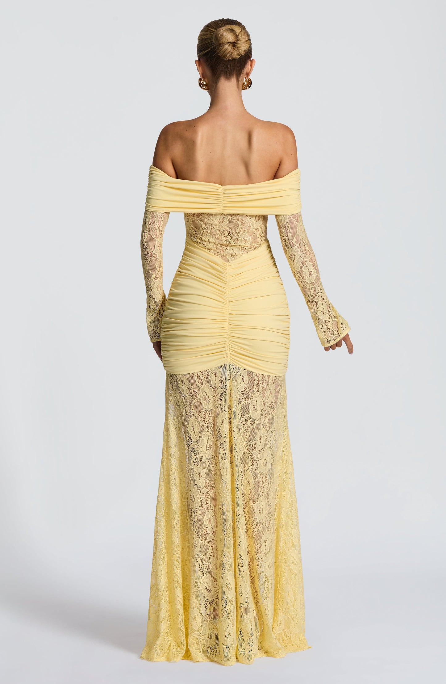 Women's Lemon Ruched Long Sleeve Flare Maxi Dress