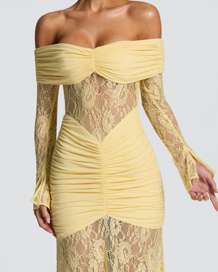 Women's Lemon Ruched Long Sleeve Flare Maxi Dress