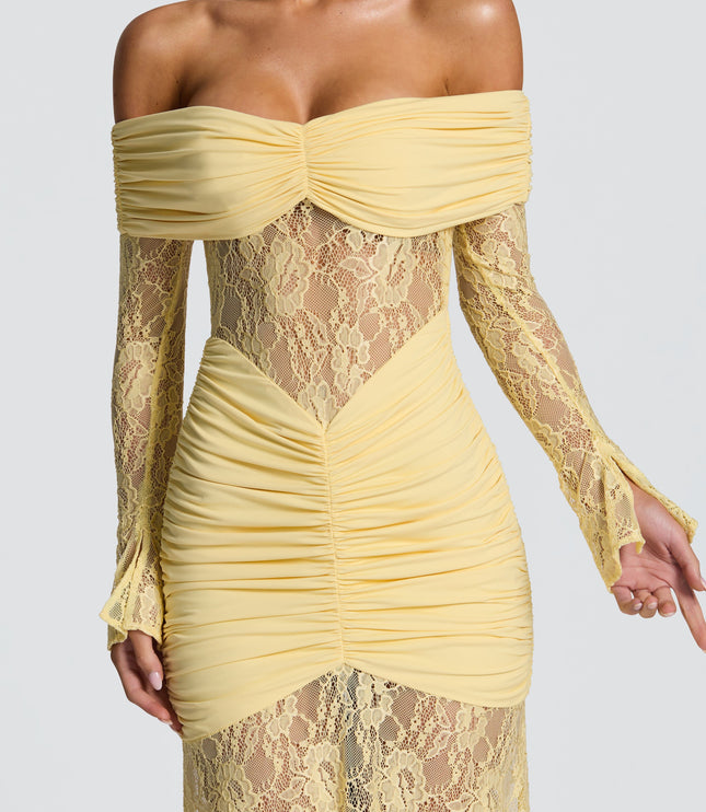Women's Lemon Ruched Long Sleeve Flare Maxi Dress