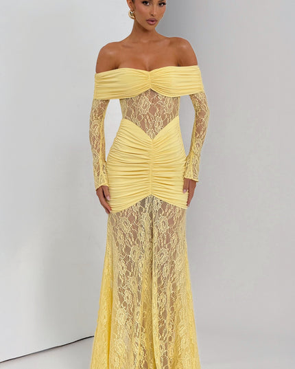 Women's Lemon Ruched Long Sleeve Flare Maxi Dress