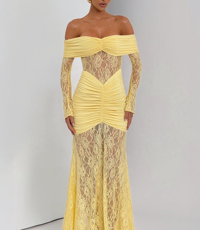 Women's Lemon Ruched Long Sleeve Flare Maxi Dress