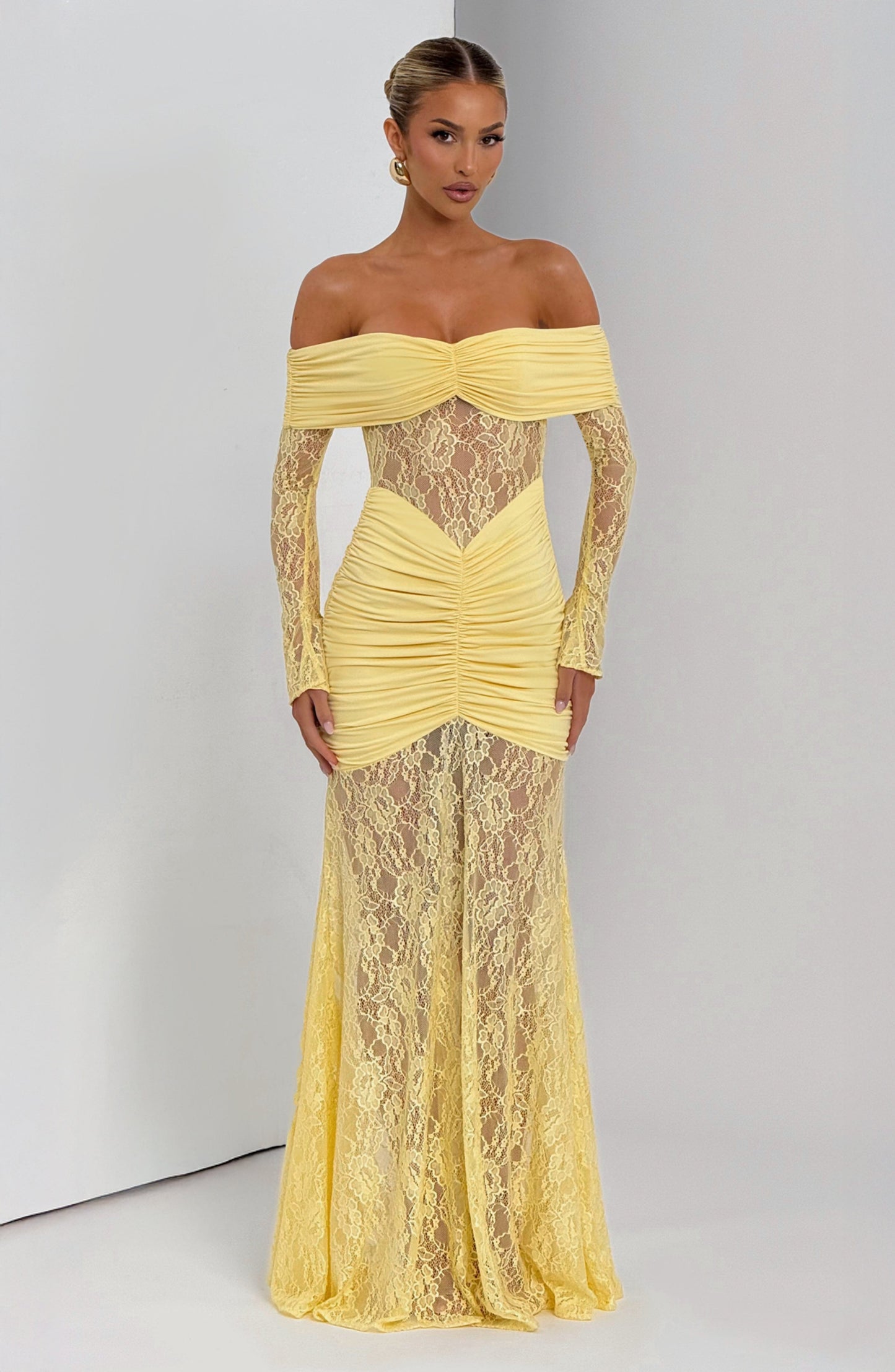 Women's Lemon Ruched Long Sleeve Flare Maxi Dress